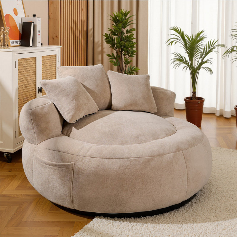 Compression 52" W Oversize Adult Round Faux Fur Foam Filled Bean Bag Sofa With 3 Back Pillows, Khaki Faux Fur