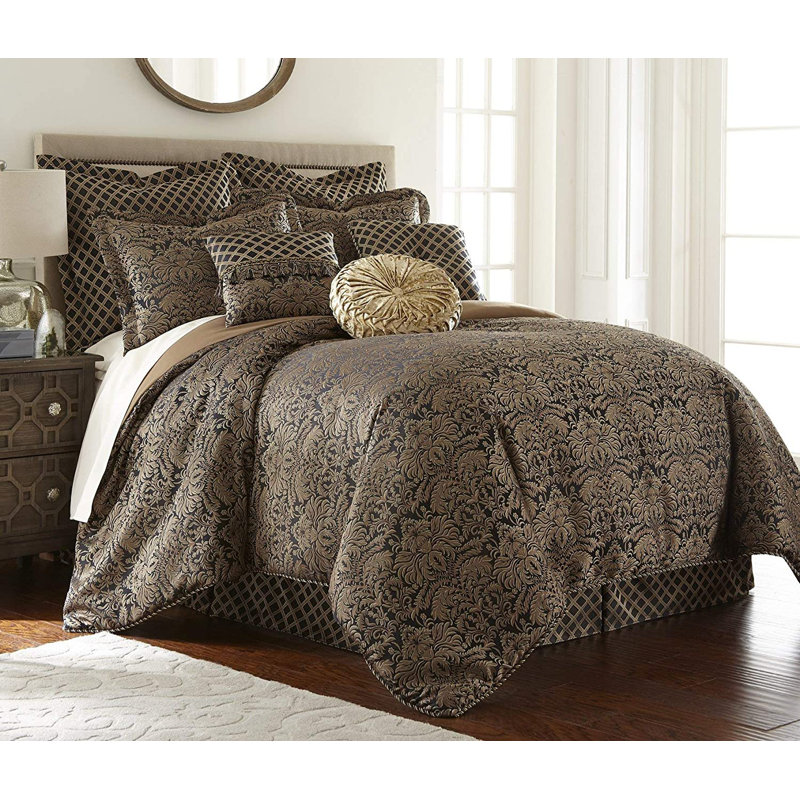 Valencia 9-Piece Black Gold Floral Jacquard  Comforter Set, Queen Comforter + 8 Additional Pieces