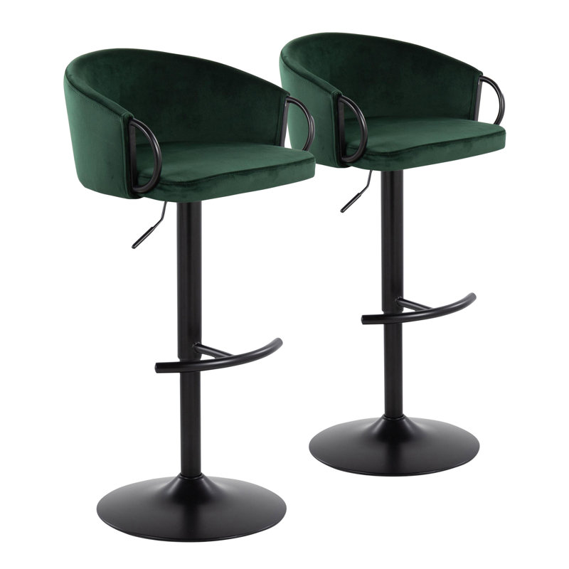 Josie Adjustable Velvet Bar Stools with Rounded T Footrest, Green Seat/Black Frame