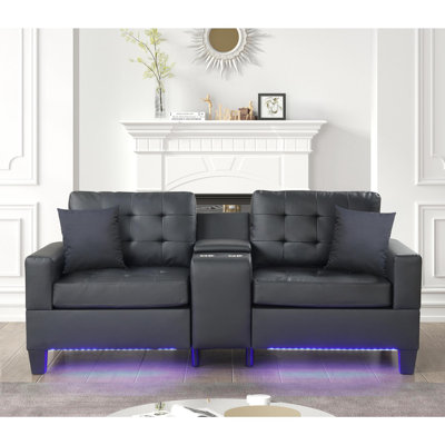 Modern Sofa Genesis 85"W Black PVC Fabric Sofa With LED Lights, USB Charger, Storage Console, Cupholders, Tufted Cushions
