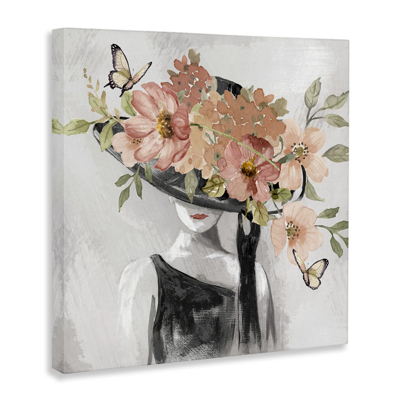 «Pink Floral Hat», art mural sur toile par Nan, H 17 po x l 17 po