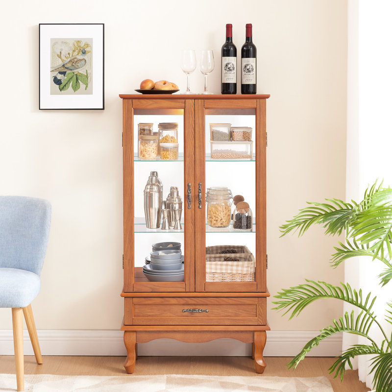 Vitrine à vin exquise avec réglage de tablette - 2 portes, 1 tiroir, étagères réglables éclairées en chêne, portes et tiroir d'aspect chêne