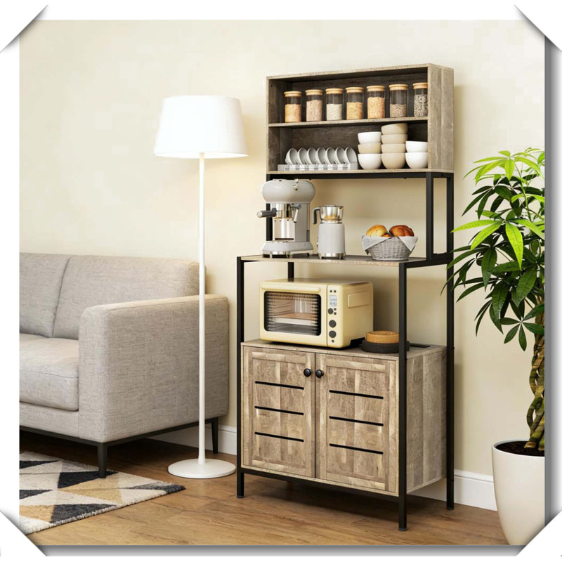 Coffee Station Rack Power Outlet Storage Shelves Anti-Tipping Stable, Gray