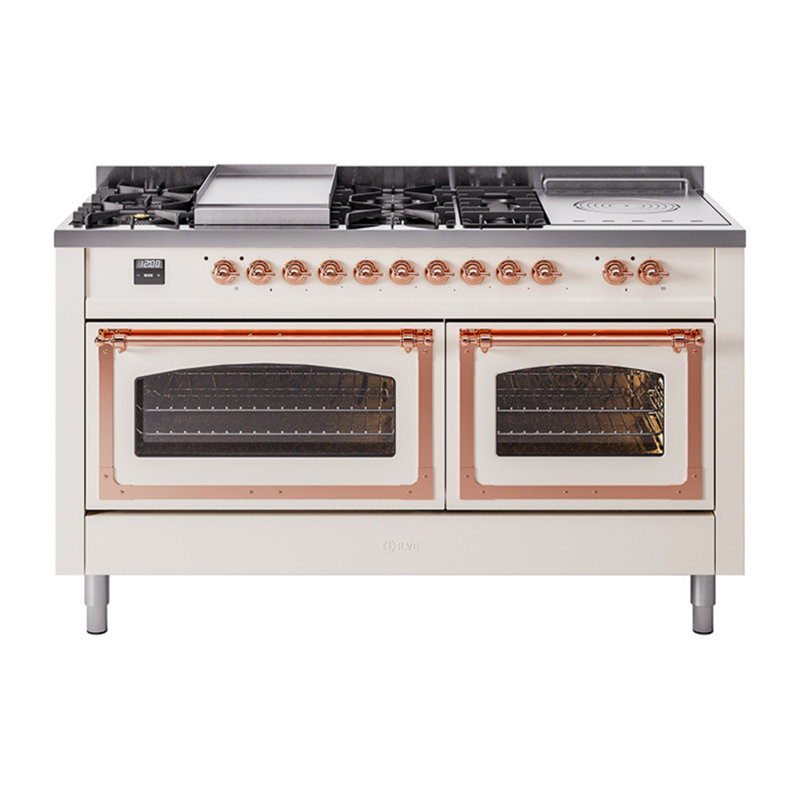ILVE Nostalgie II Noblesse 60 in Dual Fuel Range 7 Burner, Griddle, Frenchtop, Liquid Propane, Antique White/Copper