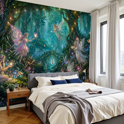 Peel and Stick Wallpaper Ethereal Forest Fairy Dance Butterfly Fairy Lights Wall Murals 100"H x 144"W Removable PVC Wall Paper Self-Adhesive Wall Decor for Bedroom Living Room Home Office