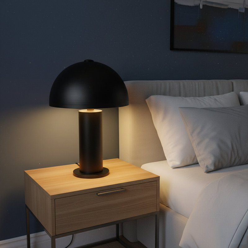 Lampe de table champignon en métal 19 po avec abat-jour dôme Aurelia, Noir, Noir