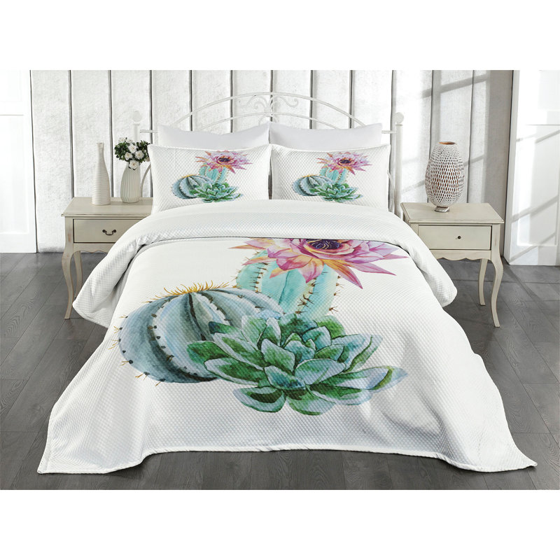 White Quilted Queen Bedspread Set with Cactus Design