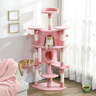 Arbre à chat 62 po, tour à chat multi-niveaux avec poteau à griffer, rose