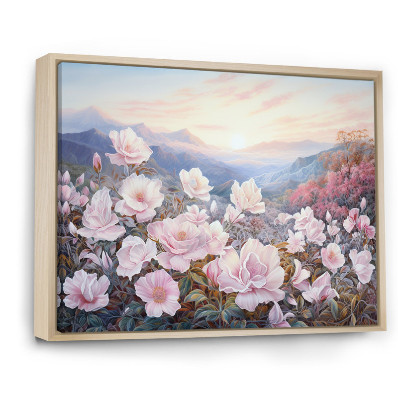 Champ de roses roses en montagne, Cadre naturel flottant, H 30 po x l 40 po x P 1,5 po