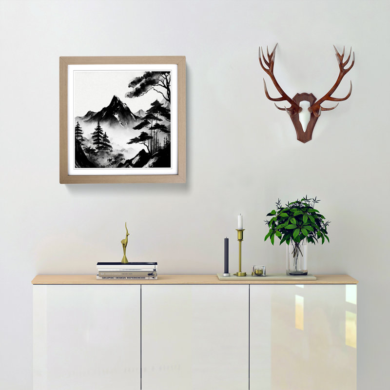 Japanese Mountains Ink Wash No.1 - Single Picture Frame Print on Wood, Oak