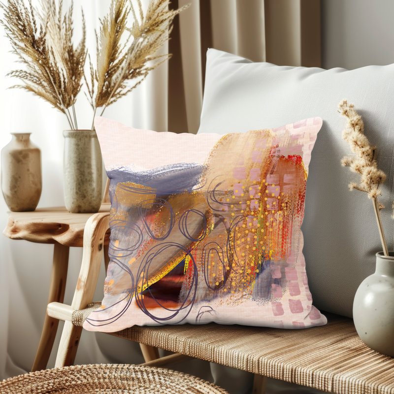 Housse de coussin, Orange et beige / motif abstrait, H 14 po x l 14 po