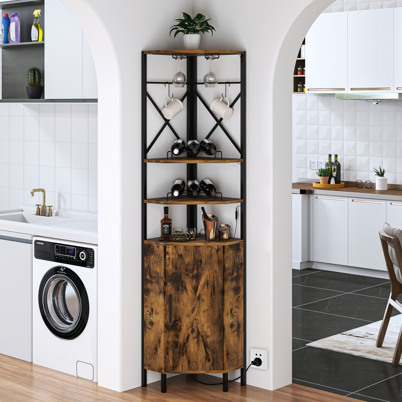 71.45” Industrial Corner Bar Cabinet with Power Outlet & LED Strip, 6-Tier Farmhouse Liquor Cabinet with Wine Storage for Small Space, Kitchen, Rustic Brown