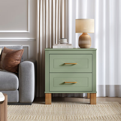 Table de chevet 2 tiroirs, rangement en bois de qualité supérieure avec un design cannelé élégant, table de chevet à pieds en bois massif avec poignée en métal, grande table de chevet pour le salon de la chambre, vert sauge