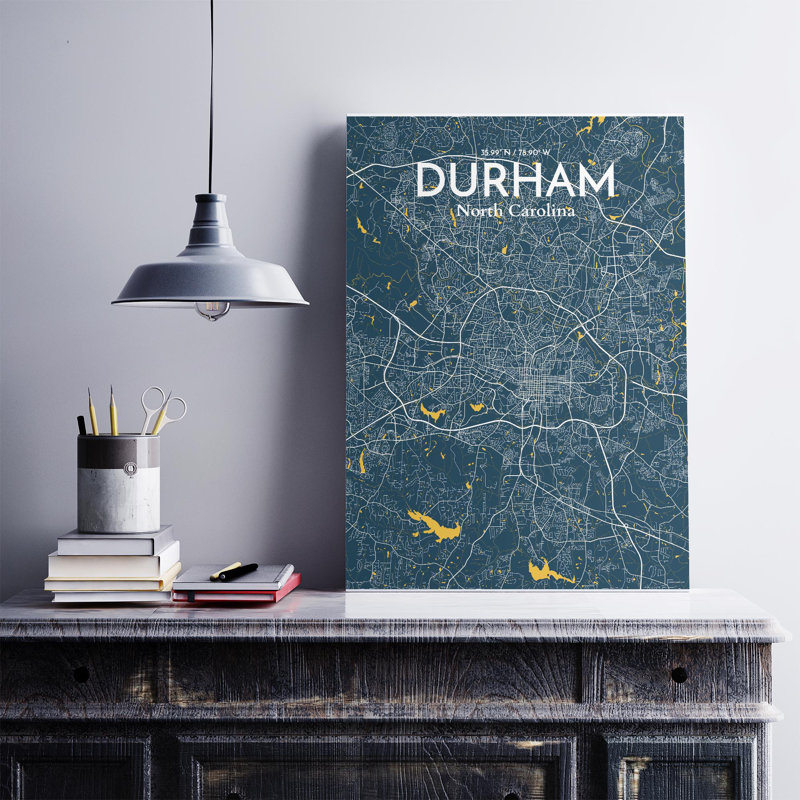 Durham City Map, impression, H 27,6 po x l 19,7 po, Bleu / jaune