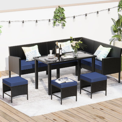 Mobilier de jardin, 7 pièces, conception peu encombrante, housses de siège imperméables, mobilier de patio extérieur en matériau résistant aux intempéries, bleu foncé, coussins en filet, structure en acier thermolaqué