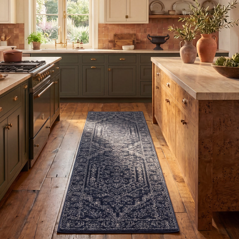 Stromsburg Oriental Area Rug, Navy/Ivory, Runner 76 x 305cm