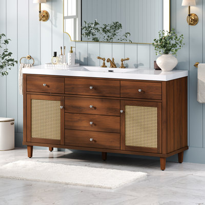 60" Bathroom Vanity with SMC Sink, Modern Large Storage Bathroom Storage Cabinet with Soft Close Drawers and Rattan Doors, Silver Metal Knobs and 5 Pine Legs, Brown