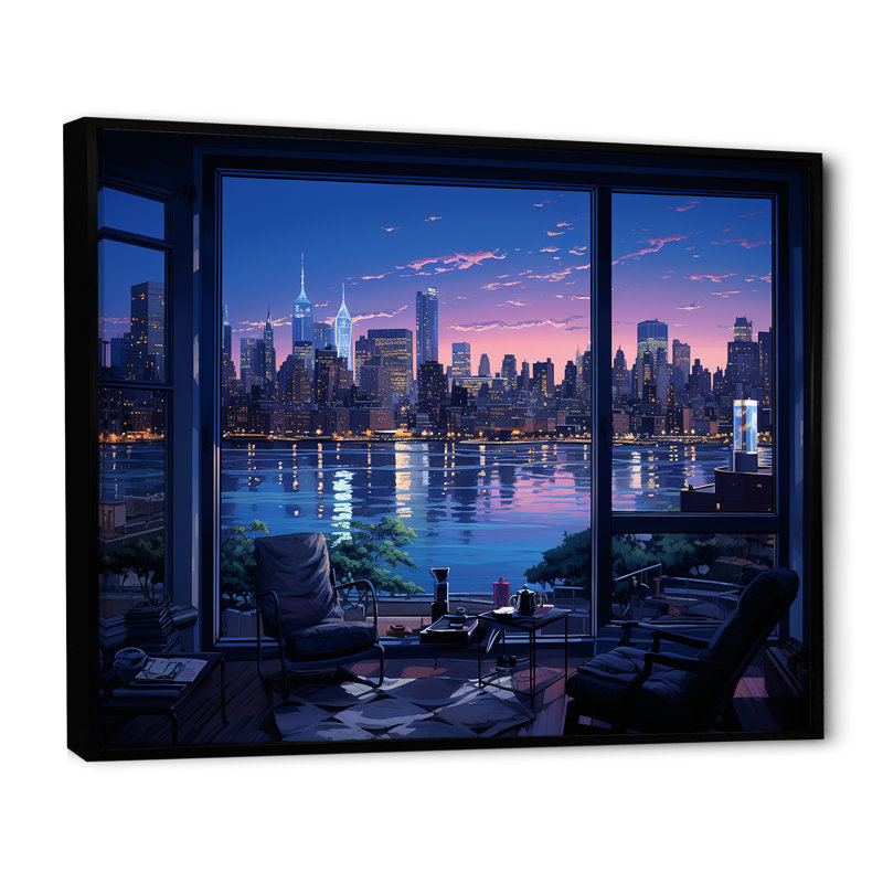 «Blue NYC at Night Window View III - New York City», art sur toile, Cadre flottant noir, H 34 po x l 44 po x P 1,5 po