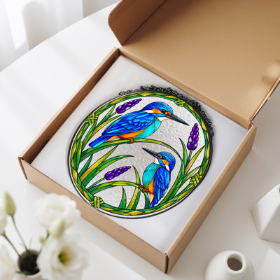 Blue Kingfisher Birds in Stained Glass Circle Canvas Wall Art