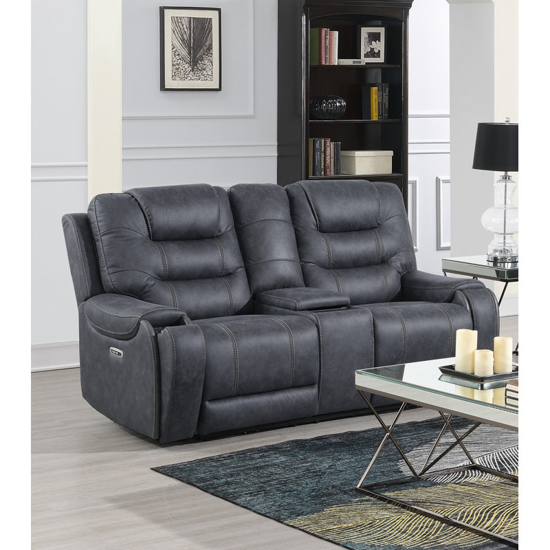 Burlington, 75" Wide Dual Power Recliner Loveseat With The Adjustable Headrest, Console and Hidden cupholder in each Arm (Gray Color)