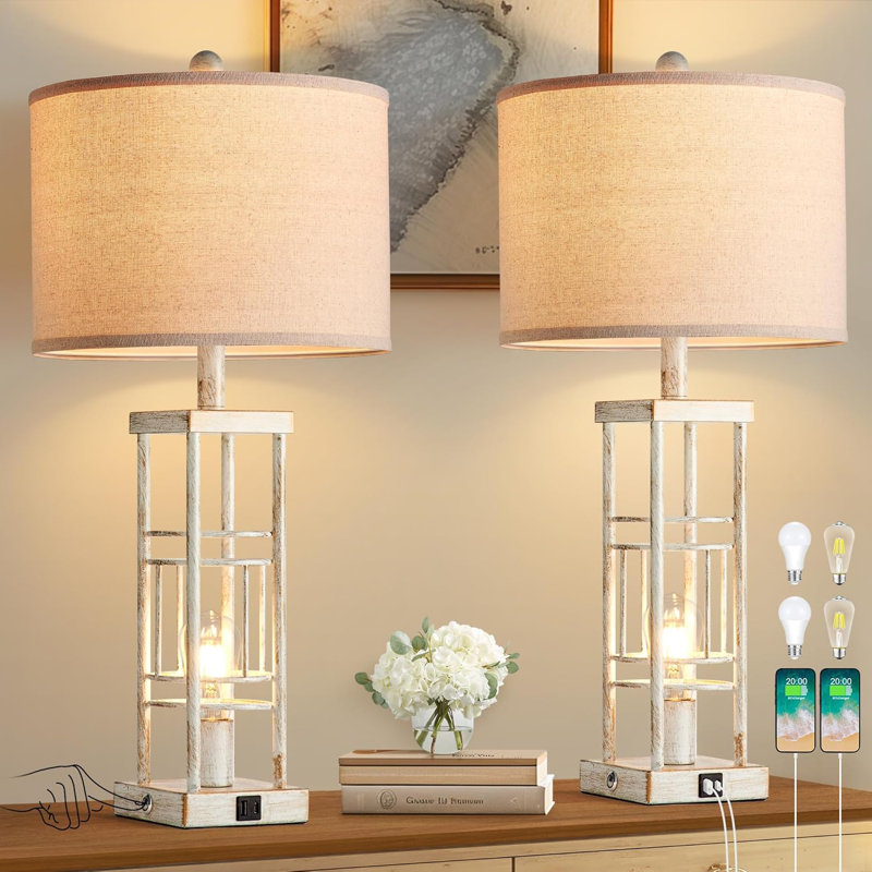 Set Of 2 Farmhouse Table Lamps With USB C+A Charging, 3-Way Dimmable Touch Control, Includes 4 LED Bulbs, Rustic Industrial Design For Bedroom, Living Room, And Office
