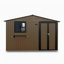 Remise de rangement extérieure en métal 10 pi x 8 pi avec fenêtre et support à fleurs, remise à outils verrouillable à deux portes, remise de jardin imperméable et résistante aux intempéries pour patio, brun et noir-129482703