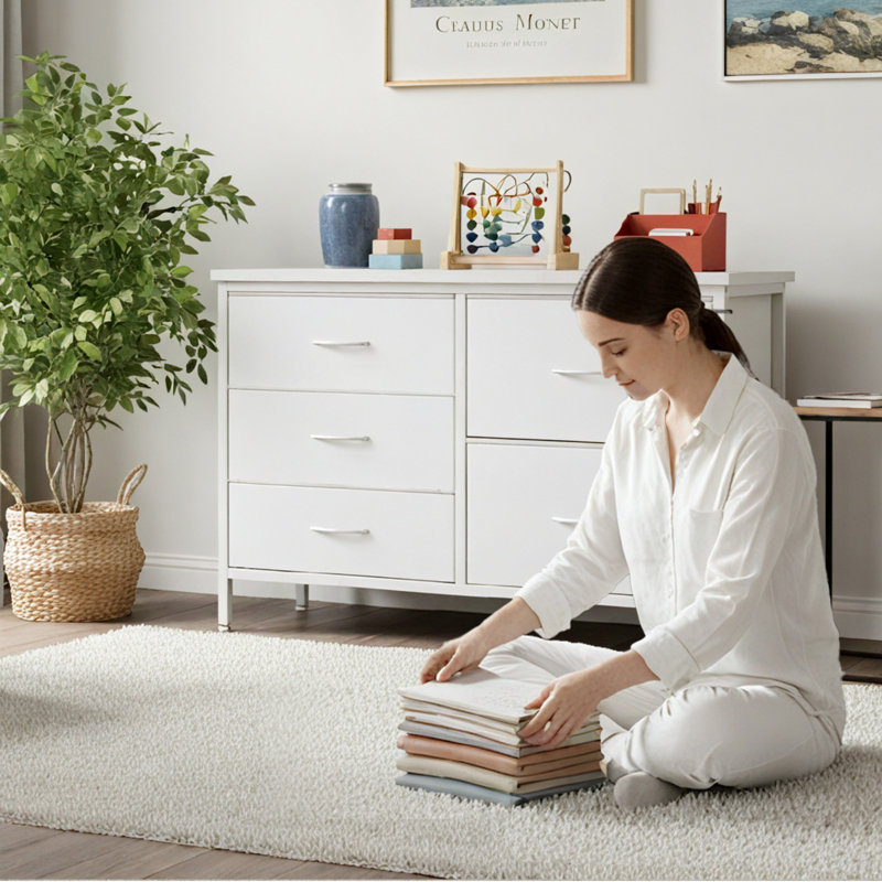 Fabric Drawer Dresser with Wood Top, 39.4’’ W Dresser with 5 Drawers, Storage Organizer, Chest of Drawers, White