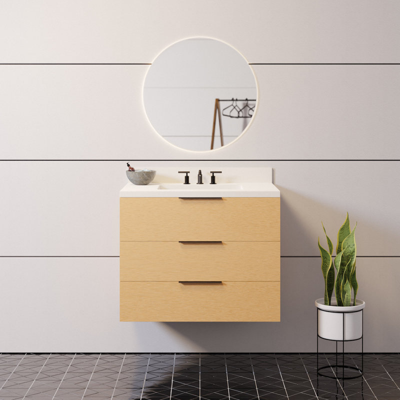 Ensemble de meuble-lavabo mural simple 30 po Mitchell, Bois blond, Pierre d'ingénierie blanc mat