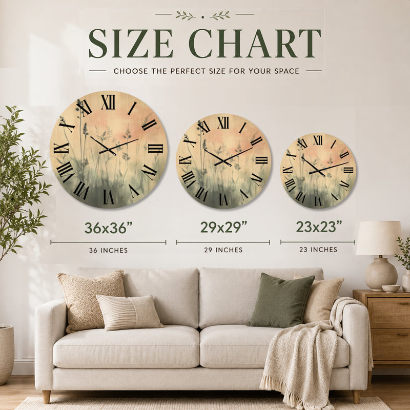 Horloge murale ronde grand format de style bohème, imprimée sur bois, motif prairie brumeuse, Extra Large