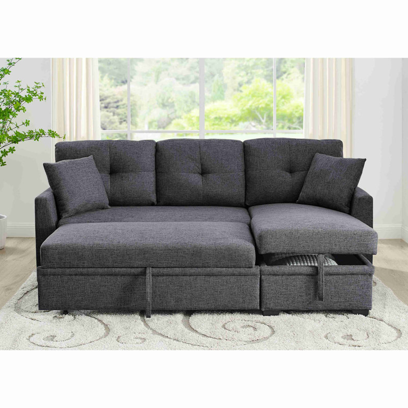 Canapé modulaire 76,5 po en mélange de lin avec lit escamotable et rangement pour chaise longue, Gris foncé