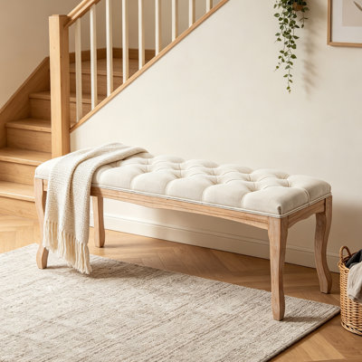 Bedroom Bench, French Retro Buckle Entryway Bench, Soft-covered Bedside Stool, Wooden Legs, Seating For Use In Living Rooms, Hallways, And Dining Area