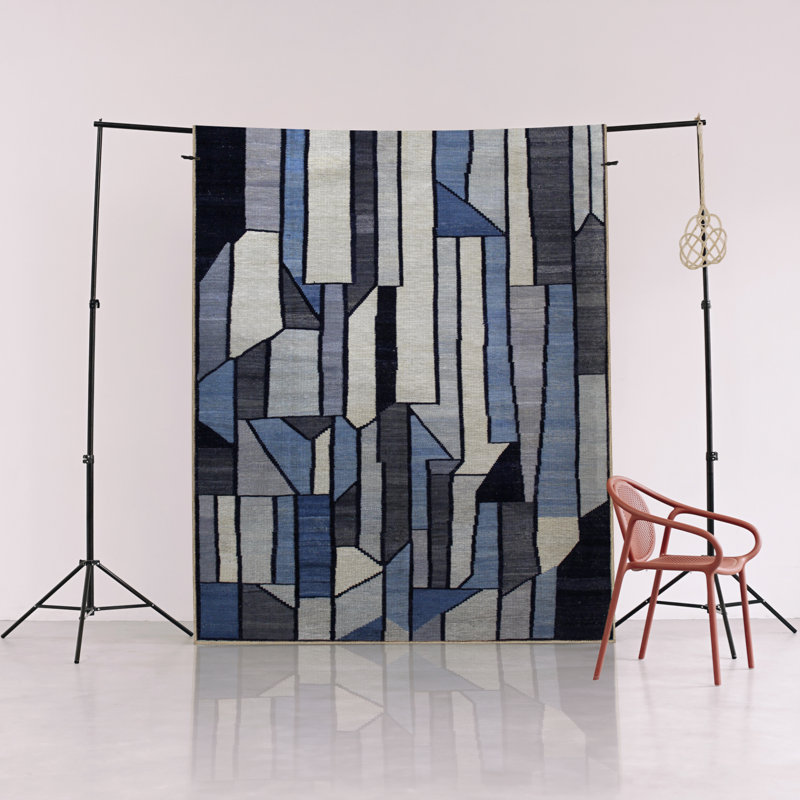 Blue-Gray Themed Mixed Geometric Shape Patterned Modern Decorative Rug, Rectangle 4'7" x 6'6"