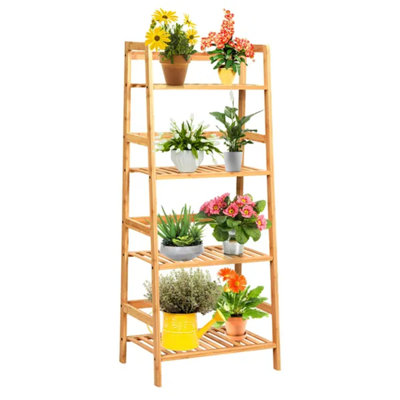 4-Tier Trapezoidal Bamboo Plant Stand with Guardrails, Space-Saving Ladder Display Shelf, Stable Bamboo Storage Rack for Balcony, Living Room and Garden