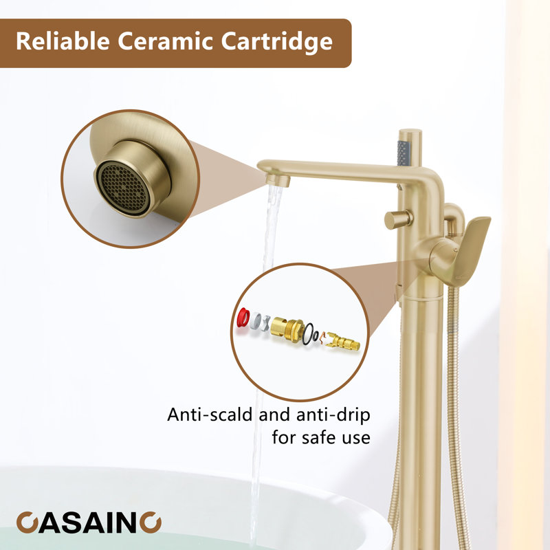 Single Handle Freestanding Bathtub Faucet with Diverter and Handshower, Brushed Gold