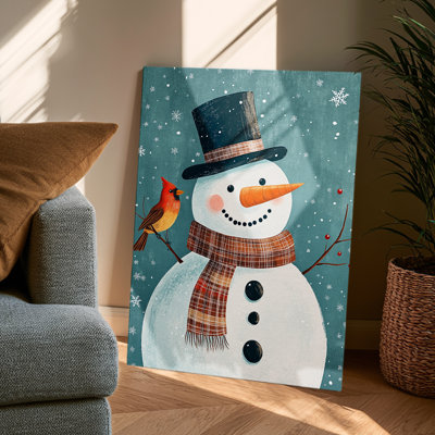Décoration hivernale rustique de Noël : bonhomme de neige souriant et cardinal rouge (61 x 41 cm) - Décoration de salon