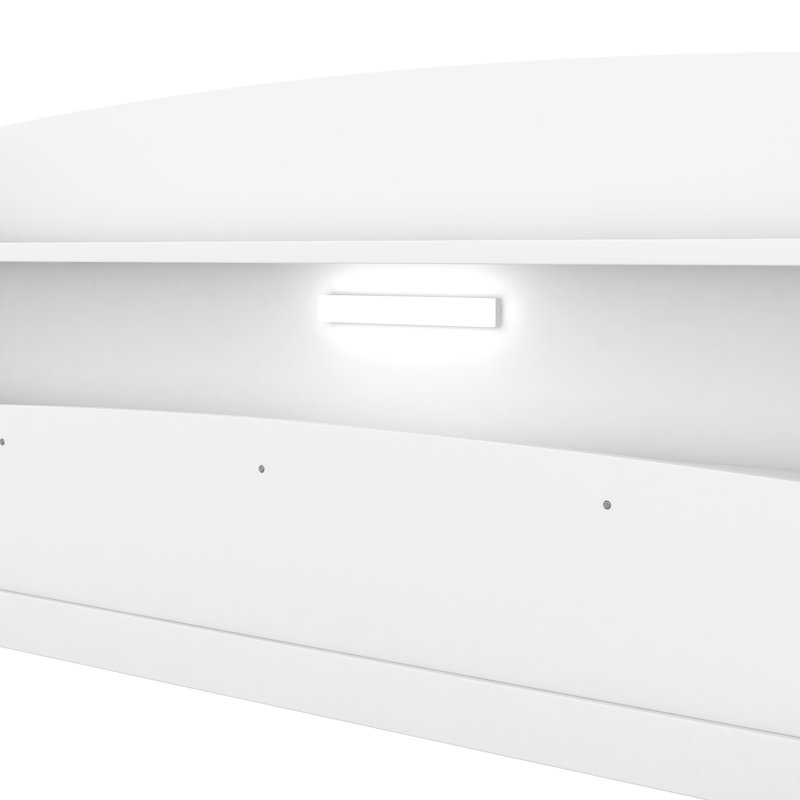 Lit plateforme en bois avec éclairage à DEL intégré, tête de lit à rangement et garde-corps, Blanc, Lit double