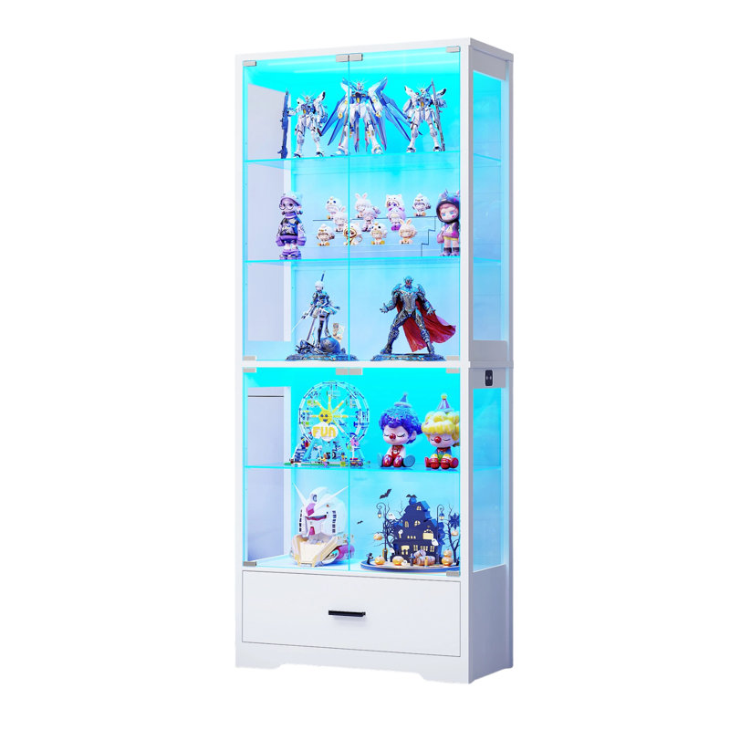 71" Tall 5-Tier Display Cabinet with Glass Doors and Storage Drawer, White