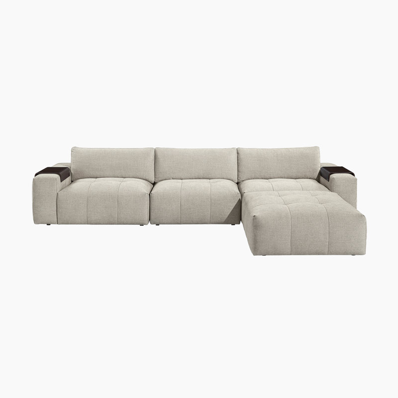 Rousey 154" Modern & Contemporary 4-Piece Modular Sectional with Ottoman, Textured Fabric Upholstery, Tufting Details & Wooden Armrest Trays