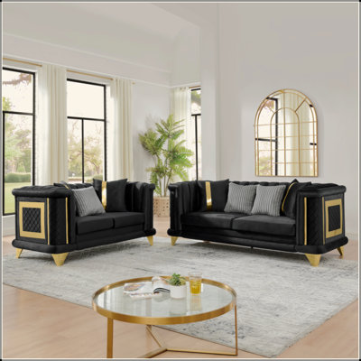 Ensemble de canapé en velours de luxe 2 pièces avec garnitures en acier inoxydable doré et texture brodée, canapé victorien moderne de 89 pouces à 3 places et de 69 pouces pour causeuse