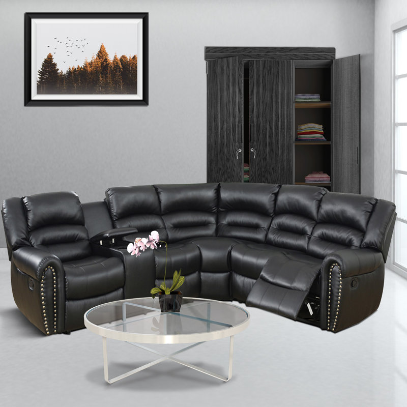 Rihannon Faux Leather Reclining Curved Sectional Symmetrical, Black Faux leather