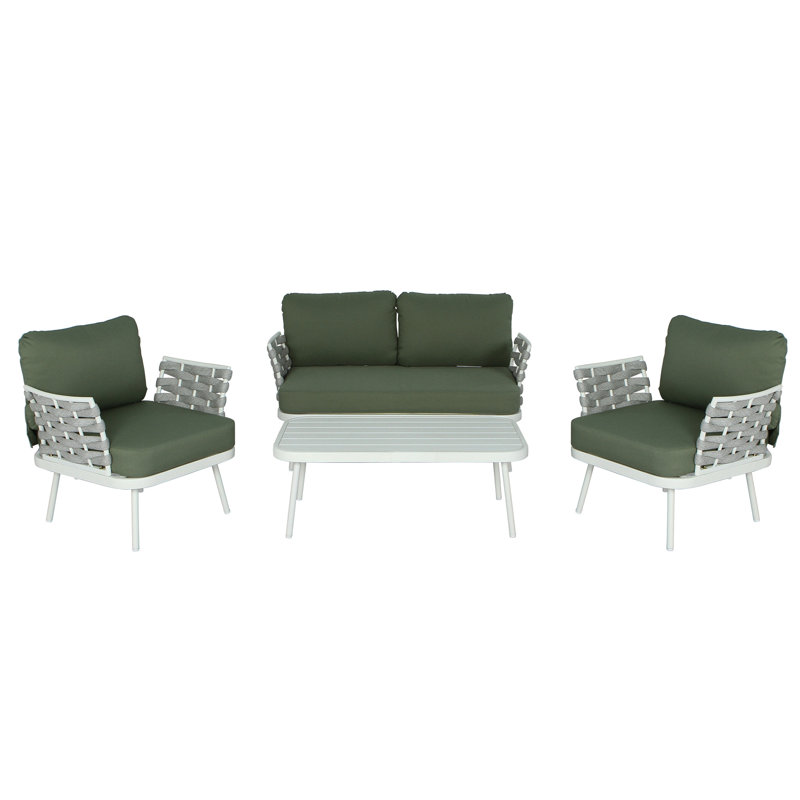 Ensemble de 4 couvertures en acier Mariano, blanc cassé et vert, 4 Pcs: Table, Loveseat, 2 Chairs, Vert, Blanc cassé / blanc