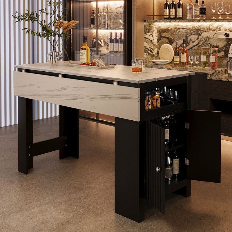 Îlot de cuisine avec plateau de table pliable et tablettes et crochets réglables, Black