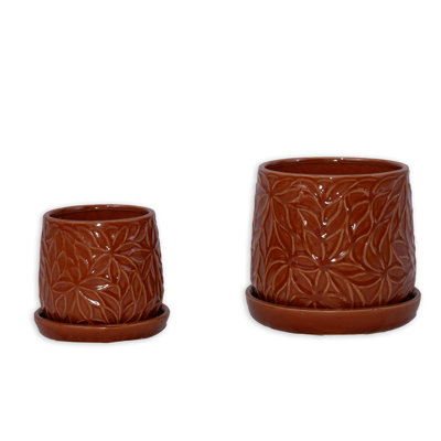 2 Pieces Ceramic Planter Pot with Drainage, for Indoor and Outdoor Use, Elegant Embossed Leaf Design