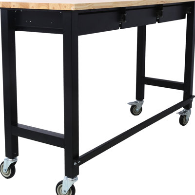 Work Table With Drawer And Movable Design For Garage 60in Workbench Solid Wood Top Mobile Feature