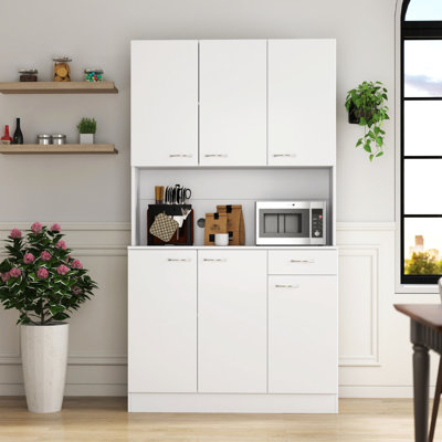 Armoire de cuisine et armoire blanche de 71,43 po de hauteur avec 6 portes, 1 tablette, tiroir - moderne et élégant pour la cuisine de la chambre à coucher, tiroir ouvert, qualité de fabrication supérieure