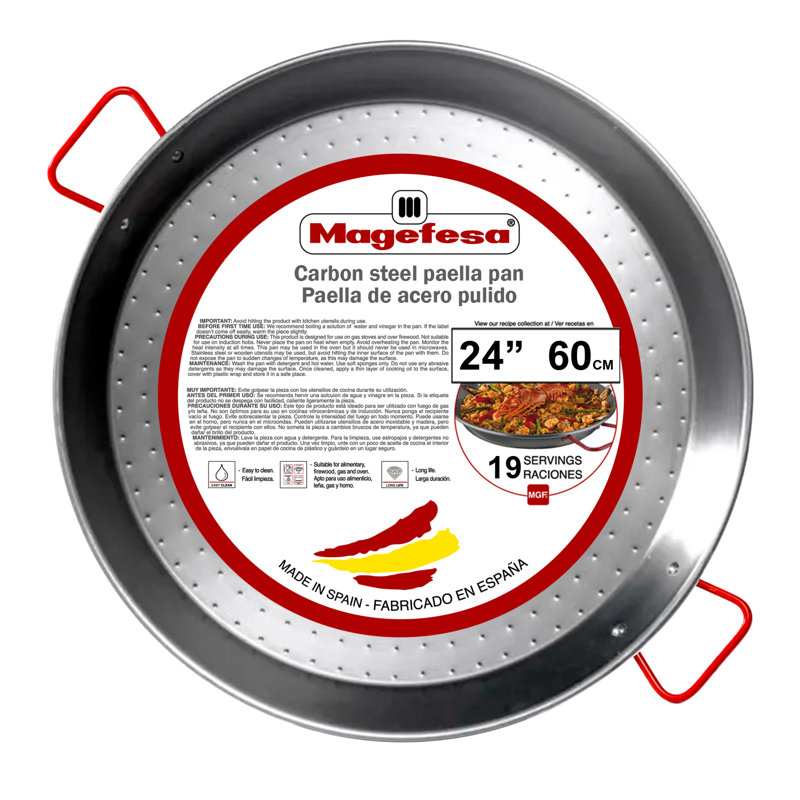 Poêle à paella en acier au carbone 24 pouces Magefesa, 60 cm - 19 portions, durable et légère avec surface alvéolée, idéale pour la cuisine extérieure et la paella valencienne traditionnelle