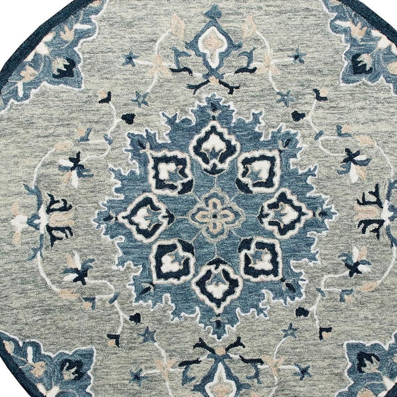 Tapis rond en laine bleu et gris touffeté à la main 3 pi
