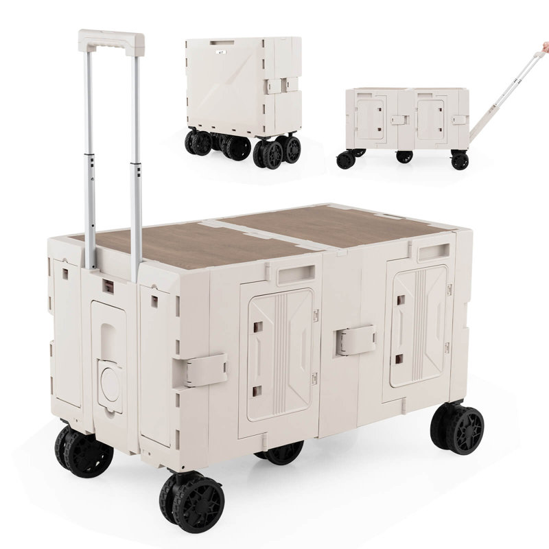 Large Foldable Utility Cart with  2-Tier Storage Crates 5 Rotate Wheels Metal White, White