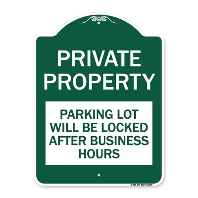 Signmission Designer Series Sign - Private Property Parking Lot Will Be Locked After Business Hours | Black & Gold 18" X 24" Heavy-Gauge Aluminum Architectural Sign | Made In The USA
