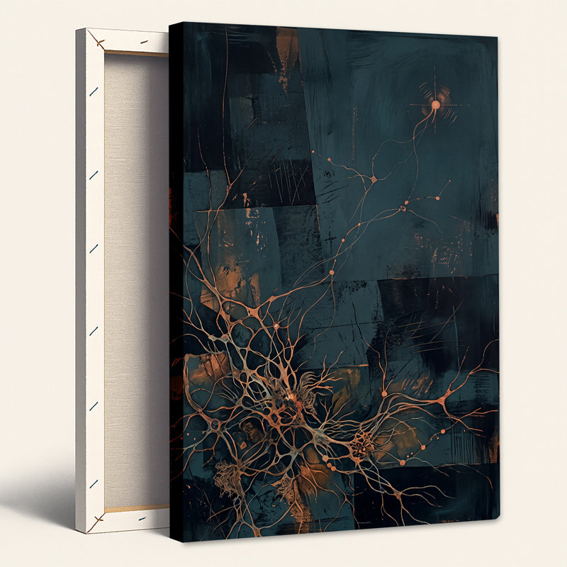 Art mural sur toile, blocs de cuivre sur fond texturé bleu sarcelle foncé, H 36 po x l 24 po